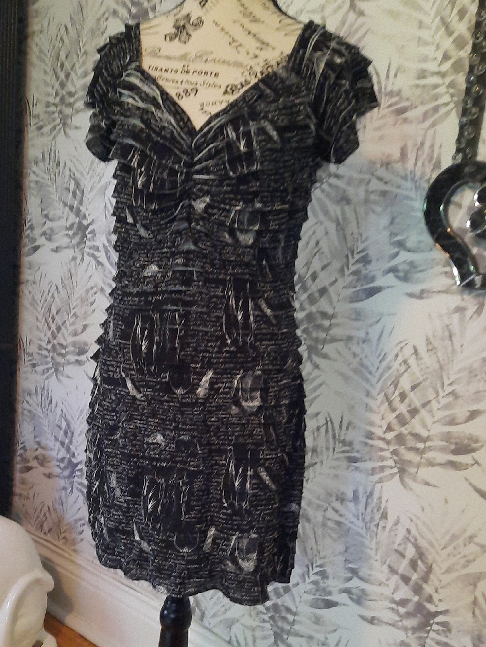 Black Ruffled V-Neck Mini Dress with Textured Layers